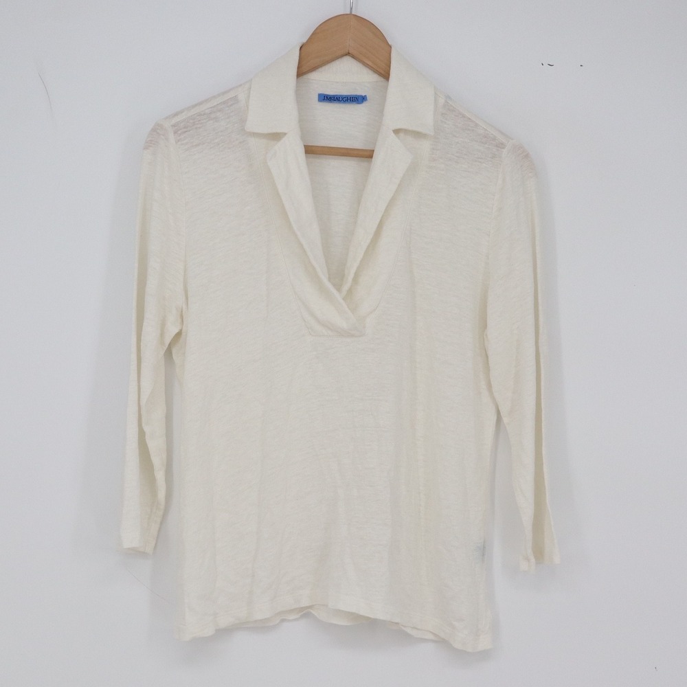 J.McLaughlin Linen Top Womens M Off-White Split Neck 3/4 Sleeve Excellent